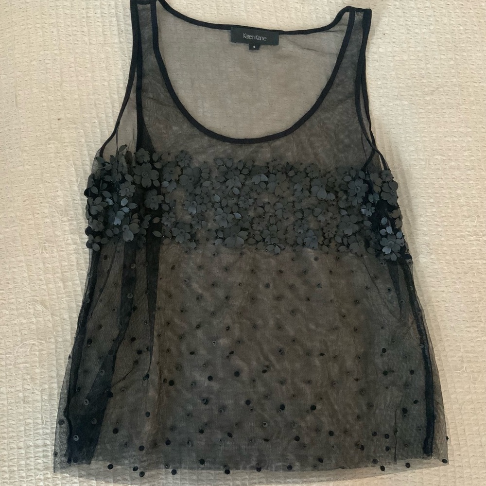 Karen Kane x Anthropologie Black Sheer Mesh Floral Sequin Polka Dot Top Blouse